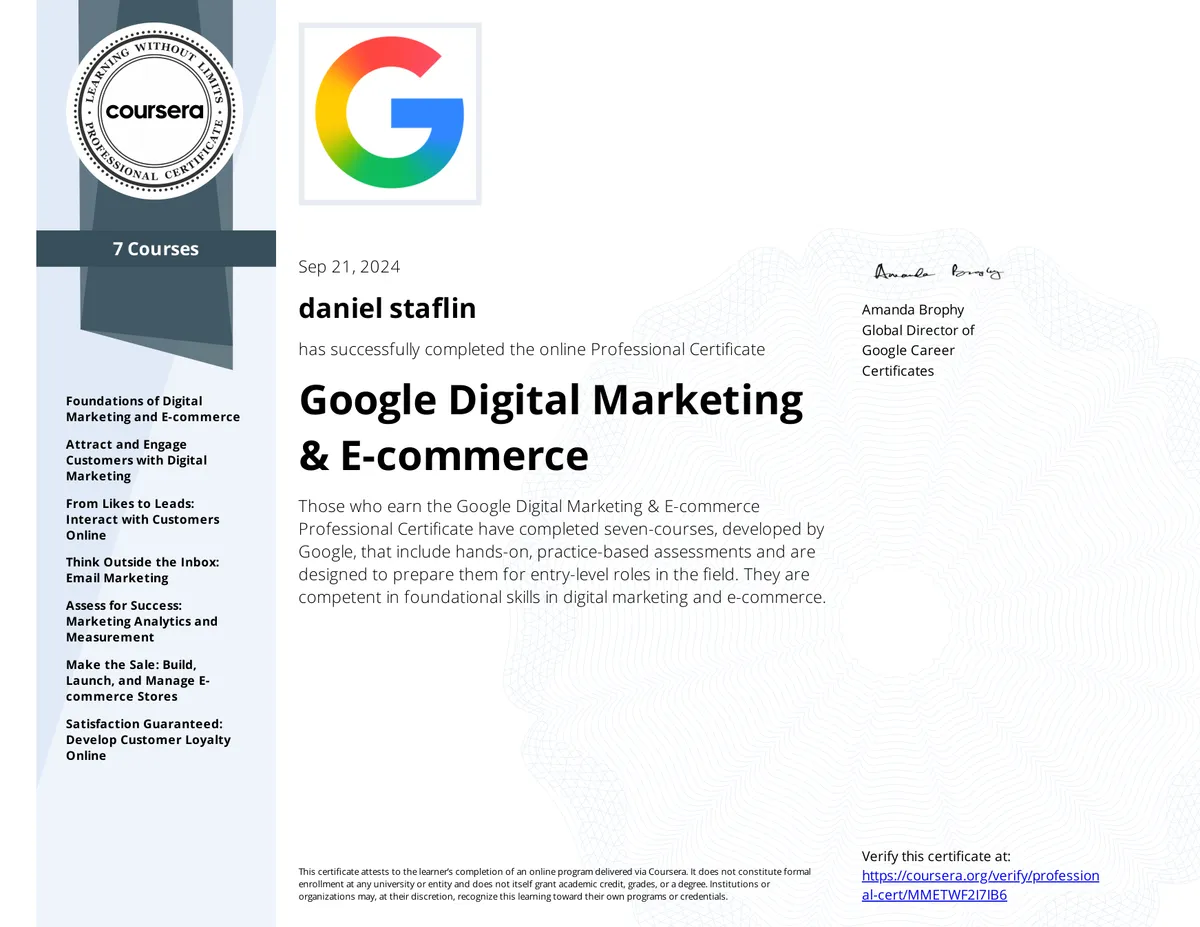 Certificate: Google Digital Marketing & E-commerce Professional Certificate
