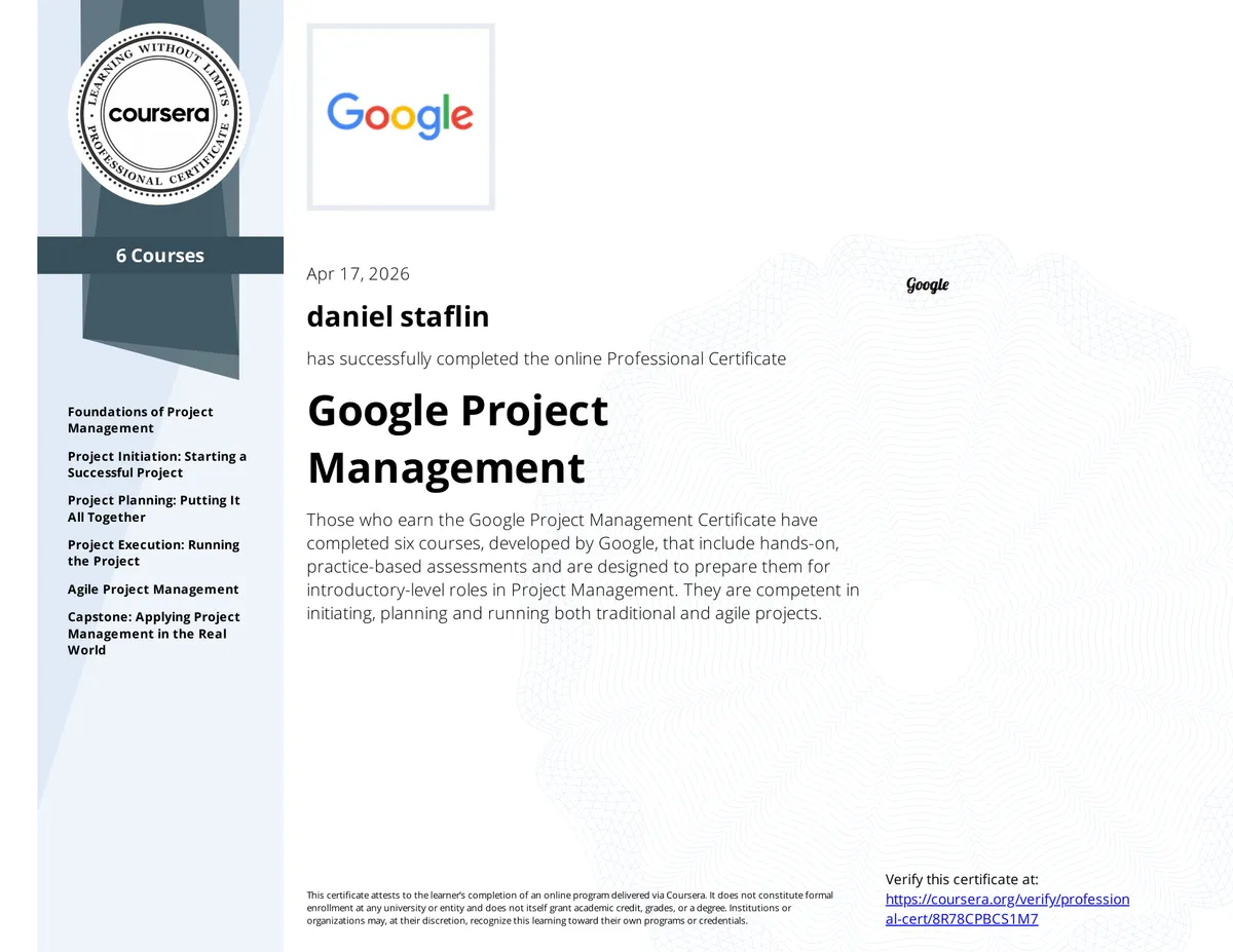 Certificate: Google Project Management Professional Certificate