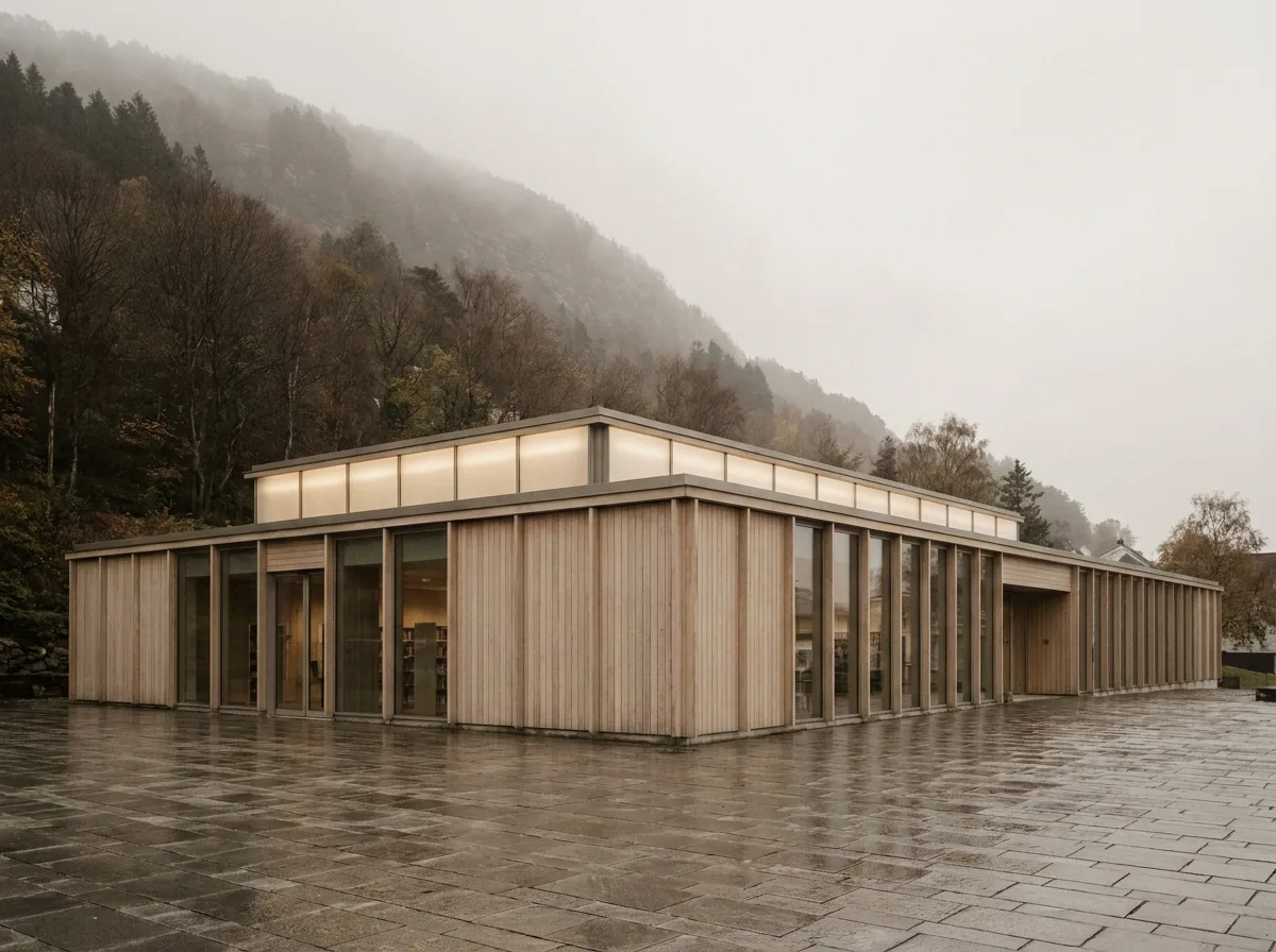 A long, low public library in pale oak below a wooded Bergen hillside, a band of clerestory glazing glowing under an overcast sky.
